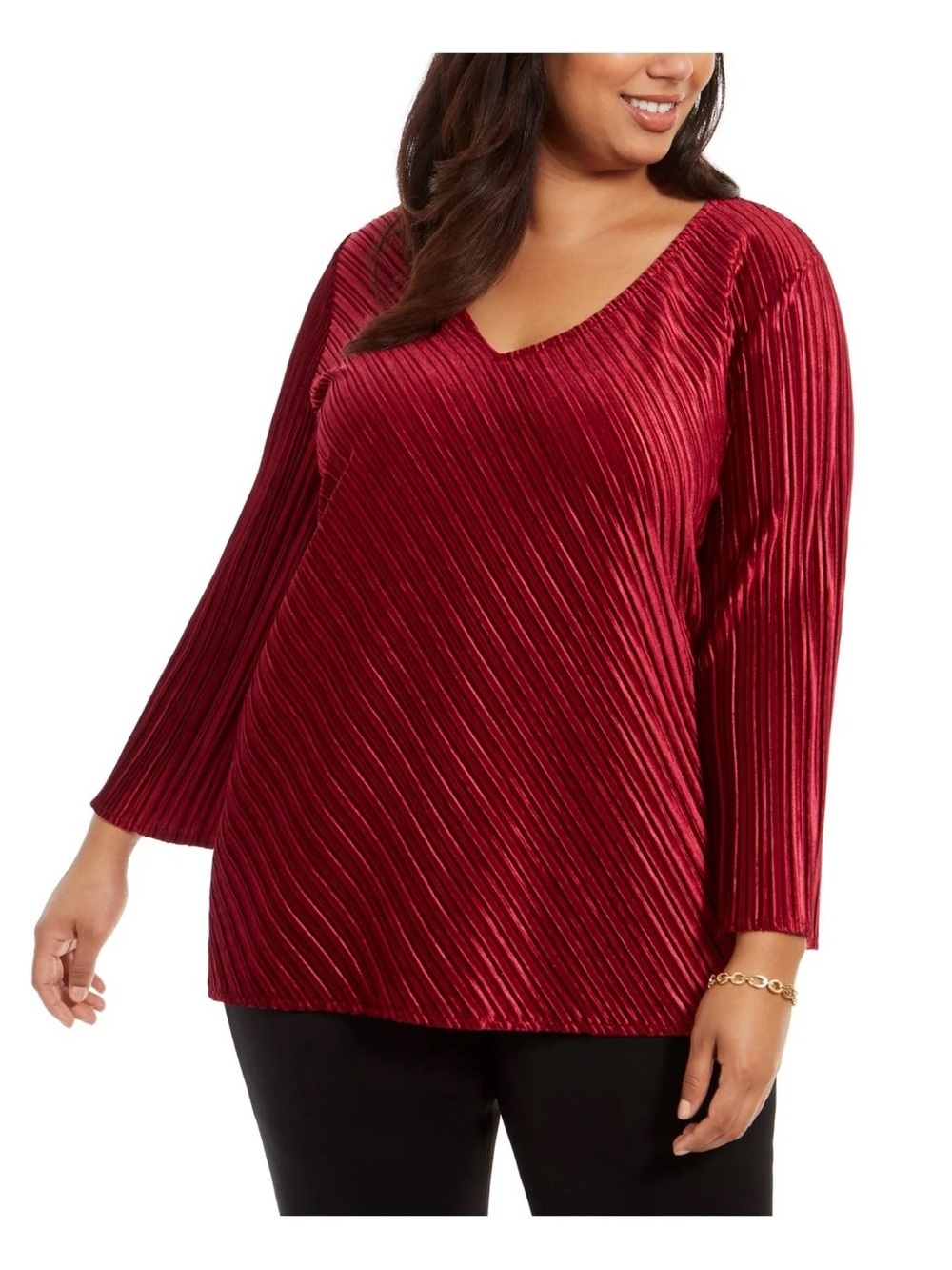 Alfani Pleated Velvet V-Neck Blouse Burgundy Long Sleeve Stretch Holiday Large